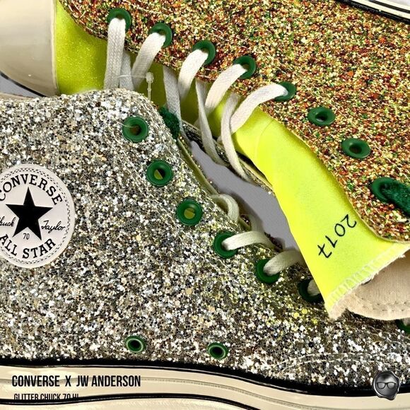 NEW CONVERSE x JW ANDERSON GLITTER CHUCK 70 HIGH SNEAKER IN GOLD / SILVER - Picture 2 of 15